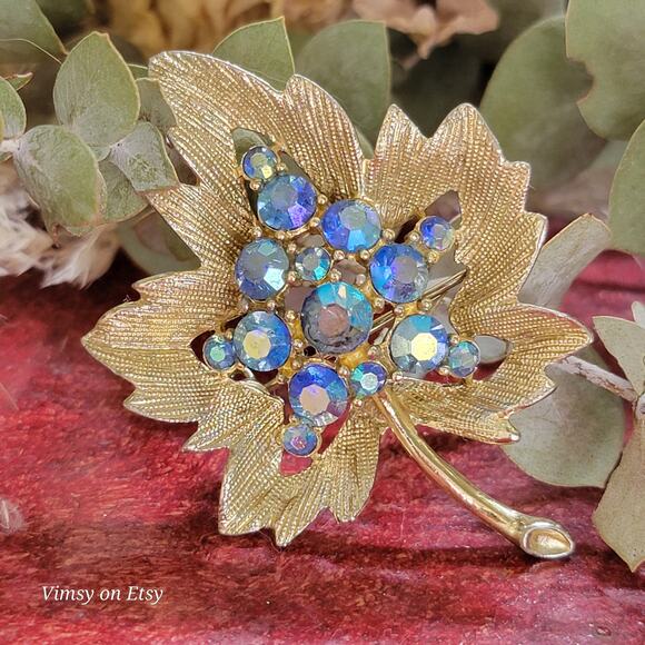 Golden Leaf Brooch With Blue Rhinestones for Women, Gold Jewelry Pin - Picture 5 of 10